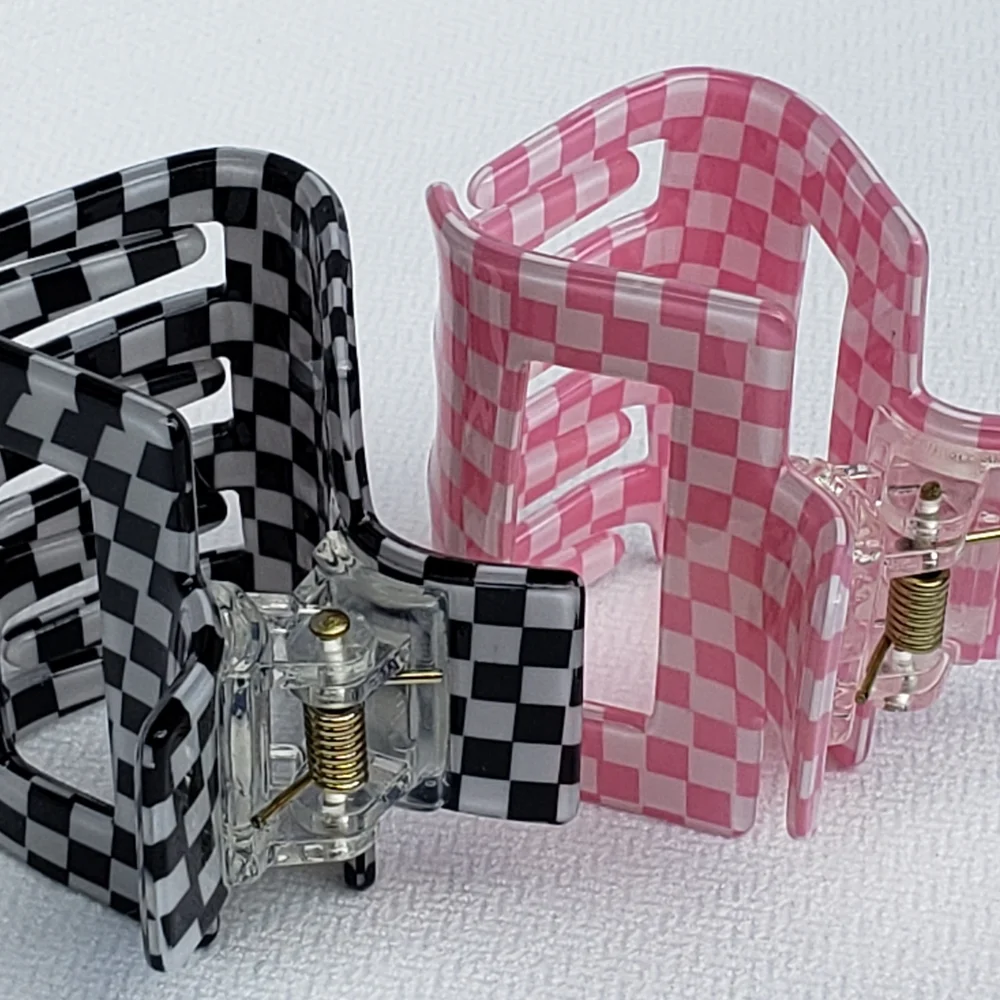 Checkerboard Hair Clip Duo - Black and Pink